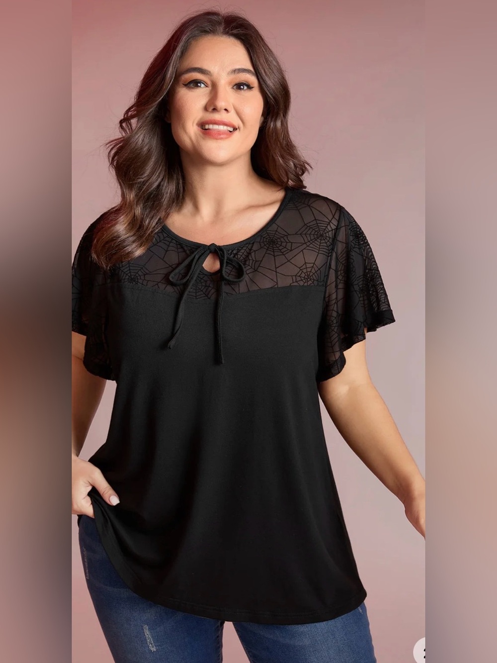 Bloomchic Spiderweb Sheer Neckline Tie Front Ruffled Sleeve Top NWT Size 14-16